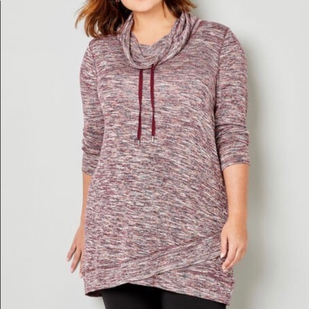 L/S cowl neck top with envelop bottom hem